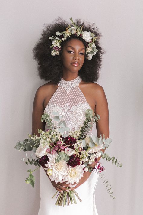 Afro Hairstyles Wedding, Natural Hair With Flowers, 4c Wedding Hairstyles Brides, Mystical Hairstyles, Afro Hairstyles With Flowers, Bride Afro Hairstyles, Bride With Afro, Flowers In Hair For Wedding Black Women, Coily Bridal Hair