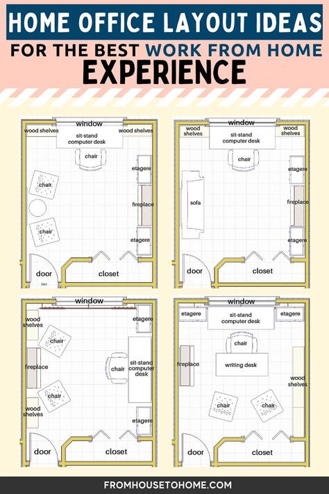 Home Office Design For Two Layout Desk Ideas, Office With Sitting Area Layout, Desk Sitting Room, Sitting Area In Office Space, Where To Put Desk In Home Office, Home Office With Sitting Area Layout, Home Office 10x10, Rectangular Home Office Layout, Home Office And Media Room Combo