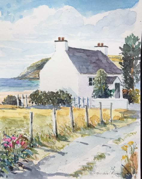 Annabel Burton Watercolour, Watercolour Cottage, Watercolour House Painting, Easy Painting On Canvas, Watercolour Houses, Cottage Watercolor, Watercolour House, Beginners Canvas Painting, Watercolor Cottage