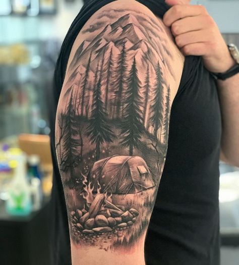 101 Amazing Nature Tattoo Ideas That Will Blow Your Mind! | Outsons | Men's Fashion Tips And Style Guide For 2020 Tattoos For Outdoorsman, Mens Wilderness Tattoo, Forest Tattoo Shoulder, Outdoorsman Tattoo For Men, Tattoo Ideas Camping, Camping Scene Tattoo, Outdoorsman Tattoo, Camp Tattoo Ideas, Camping Tatoo