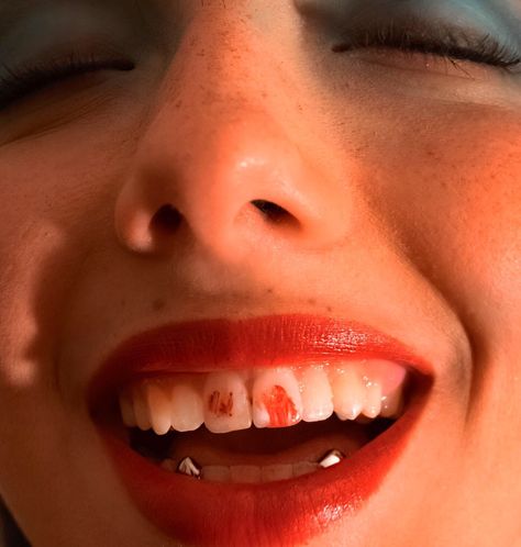 Teeth Magazine Editorial, Lipstick On Teeth, Crazy Photoshoot Ideas Weird, Crazy Woman Aesthetic, Hands In Mouth, Editorial Lipstick, Crazy Photoshoot Ideas, Hysterical Woman, Smeared Makeup