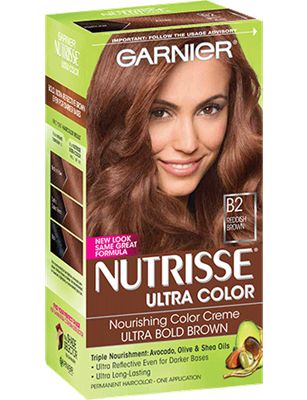 Ultra Color B2 - Reddish Brown Dyed Auburn Hair Reddish Brown, Auburn Hair Box Dye, Auburn Hair Color Box Dye, Garnier Golden Brown Hair Color, Brown Hair Dyed Red, Garnier Golden Brown, Honey Brown Hair Dye, Boxed Hair Color, Garnier Hair Color