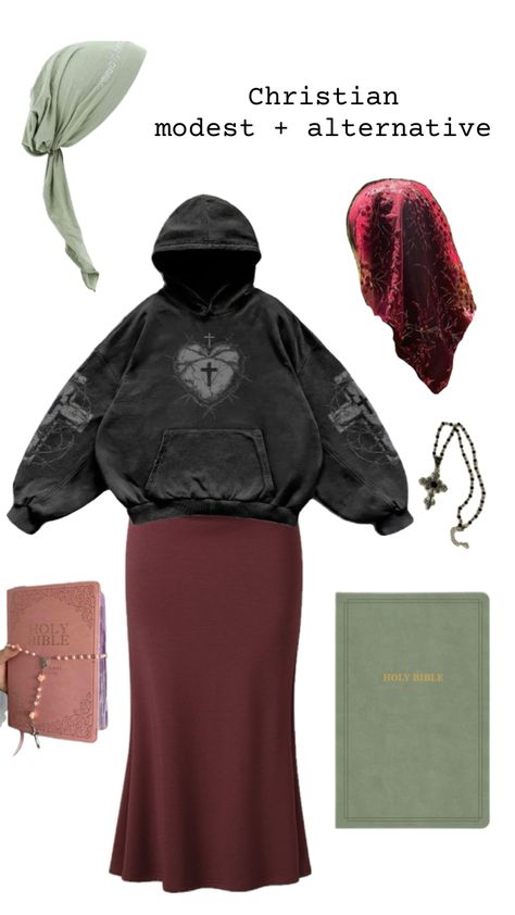 Alternative faith streetwear black oversized hoodie Christian modest fashion outfit y2k cross red long skirt modest Christian veiling and alt headcovering green and red
Catholic Modest Outfit Christian, Alternative Church Outfits, Alt Church Outfits, Alt Modest Outfits, Cristian Zerotre Outfits Black Women, Modest Alt Outfits, Church Aesthetic Outfit, Godly Fashion, Modest Outfits Christian