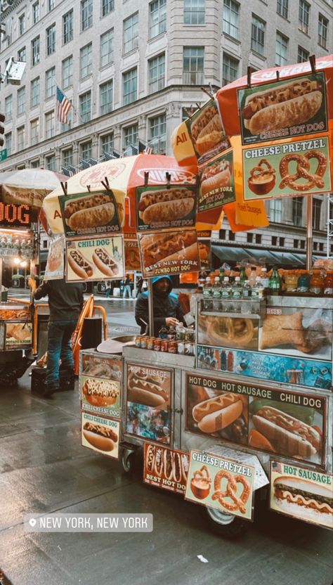 Food In Nyc Aesthetic, New York Hot Dog, New York Street Food, Ny Food, New York City Aesthetic, New York Food, Food Street, Nyc Girl, Nyc Aesthetic