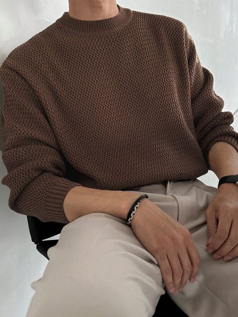 Men's Solid Color Drop Shoulder Fall Sweater Coffee Brown Casual  Wrist-Length Sleeve Knitwear Plain Pullovers High Stretch  Men Clothing, size features are:Bust: ,Length: ,Sleeve Length: Men Sweater Aesthetic, Outfits For Cold Weather Men, Cottagecore Style Men, Male Clothing Asthetics, Plain Outfits Men, Church Clothes Men, Soft Autumn Outfits Men, Tall Fashion Men, Beige Sweater Outfit Men