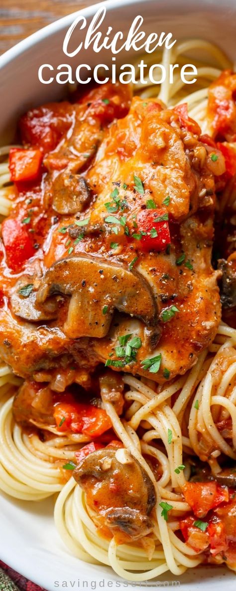 Chicken Cacciatore - Saving Room for Dessert - My Recipe Magic #main dish #easy #special Cacciatore Recipes, Chicken Cacciatore Recipe, Parmesan Rind, Meal Prep Plans, Chicken Cacciatore, Dried Thyme, Best Italian Recipes, Diced Tomatoes, Winner Winner Chicken Dinner