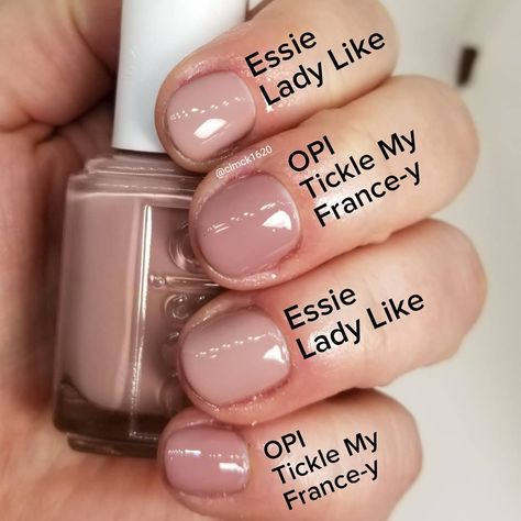 Comparison Swatches ♡ Essie | Lady Like (index, ring) • OPI | Tickle My France-y (middle, pinky) Lady Like Essie, Tickle My France Opi Dip, Opi Tickle My Francy Gel, Opi Tickle My France, Essie Lady Like, Essie Ladylike, Opi Tickle Me France-y Gel, Essie Pale Pink Polish, Opi Tickle Me France-y Dip