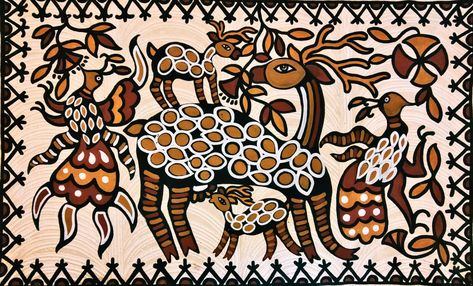 SOHRAI ART. ARTIST IS  RUKMINA DEVI. In this depiction the artist has drawn a deer with the antlers (barasingha), they are a sure sight in the tribal areas.  www.gallerymustart.com www.singinawajunglelodge.com Sohrai Painting, Folk Art Indian, Art Forms Of India, Kerala Mural Painting, Traditional Wall Art, Beautiful Art Paintings, Indian Folk Art, Madhubani Painting, Indian Art Paintings