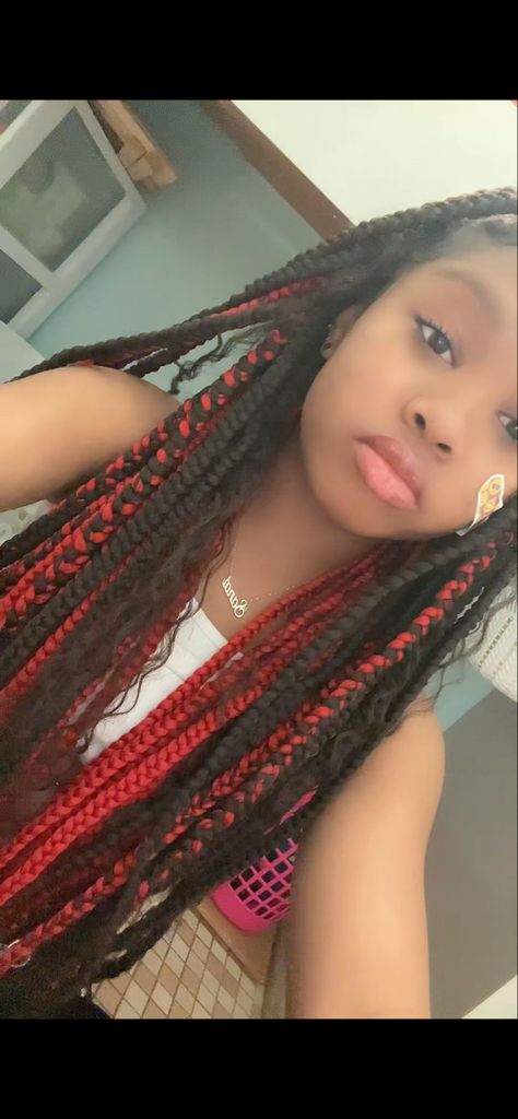 Goddess Braids With Color Red And Black, Goddess Braids Red And Black, Red And Black Goddess Braids, Black Goddess Braids, Red And Black Braids, Red Goddess Braids, Red And Black Hair Ideas, Dark Red Highlights, Braids Styling