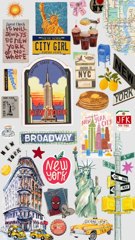 Sticker Background Design, Nyc Clipart, Picture For Collage, New York Scrapbook, Nyc Stickers, New York City Collage, Nyc Scrapbook, New York Stickers, Nyc Collage