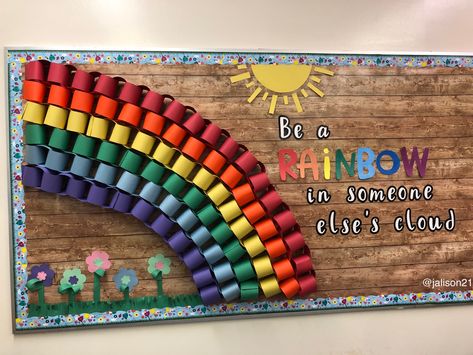 Bulletin board second grade 2nd grade elementary school kindness spread joy rainbow Rainbow School Bulletin Boards, Rainbow Poster Board Ideas, 3d Rainbow Bulletin Board, Rainbow Classroom Theme Bulletin Boards, Rainbow Ideas For Classroom, Rainbow Attendance Chart, Classroom Bulletin Boards Rainbow, Cute School Bulletin Board Ideas, Rainbow Board Ideas