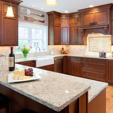 Kitchen Granite Countertop Design, Pictures, Remodel, Decor and Ideas - page 9 Countertops With Cherry Cabinets, Kitchen Cabinets Ideas, Light Granite, Traditional Kitchen Design, Cabinets Ideas, Oak Kitchen Cabinets, Diy Kitchen Renovation, Cherry Cabinets, New Kitchen Cabinets