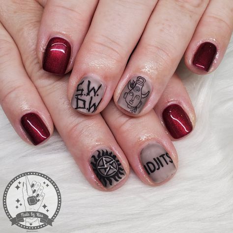 Supernatural Nails Acrylic, Fandom Nail Art, Fallout Nail Art, Supernatural Inspired Nails, Supernatural Nails Designs, Tattooed Nails, Supernatural Nail Art, Nerd Nails, Supernatural Nails