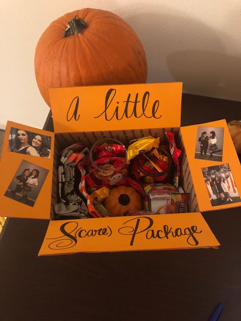 Boo Basket Long Distance, Long Distance Spooky Basket, Care Package Theme Ideas, Spooky Basket Ideas For Boyfriend Long Distance, Care Package Box Decoration, Halloween Crafts For Boyfriend, Long Distance Boo Basket, Halloween Deployment Care Package, October Care Package