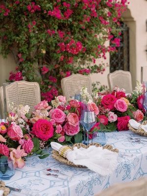 Scenic Wedding at a Private Residence in Los Angeles, California | 30 more photos on PartySlate Pink Flower Centerpieces, Bright Pink Wedding, Fuschia Wedding, Rose Wedding Theme, Boho Style Inspiration, Long Table Wedding, Scenic Wedding, Blue White Weddings, Fuchsia Wedding