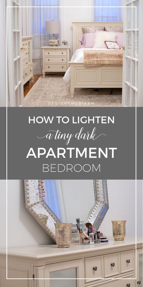 Tiny Apartment Bedroom | Wondering how to lighten a tiny dark apartment? You’ll be amazed at how this bedroom was transformed with color selections and the clever placement of apartment furniture. -----> #designthusiasm #bedroomdecorideas #bedroomideas #s Dark Apartment Bedroom, Small Dark Bedroom Ideas, Small Bedroom Ideas On A Budget, Dark Apartment, Simple Apartment Decor, Sweet Bedroom, Space Saving Bedroom, Relaxing Decor, Bedroom Furniture Layout