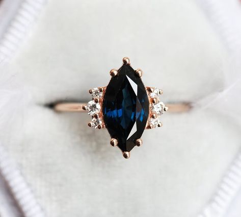 Sapphire Engagement Ring Marquise, Delicate Engagement Ring, Dream Rings, Diamond Sapphire Engagement Ring, Sapphire Diamond Engagement, Ring Inspo, Ring Rosegold, Yellow Engagement Rings, Sapphire Solitaire