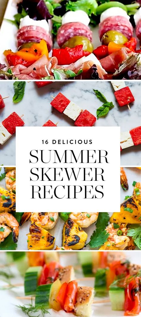 Food On Skewers Appetizer Ideas, Cold Appetizers On A Stick, Cold Kabobs, Fruit Skewers Ideas, Snack Skewers, Fruit On A Stick, Summer Skewers, Summer Party Appetizers, Food On A Stick