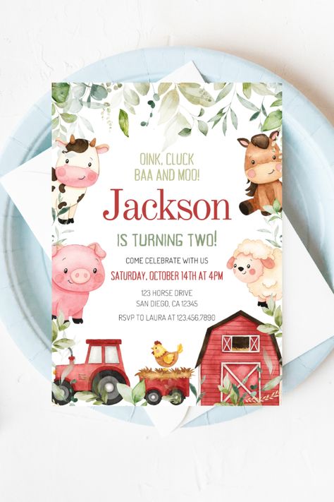 Farm Animals Invitations, Farm Party Invitations, Farm Invitation, Farm Birthday Invitation, Farm Theme Birthday, Animals Party, Animal Baby Shower Invitations, Twins Birthday, Barn Animals