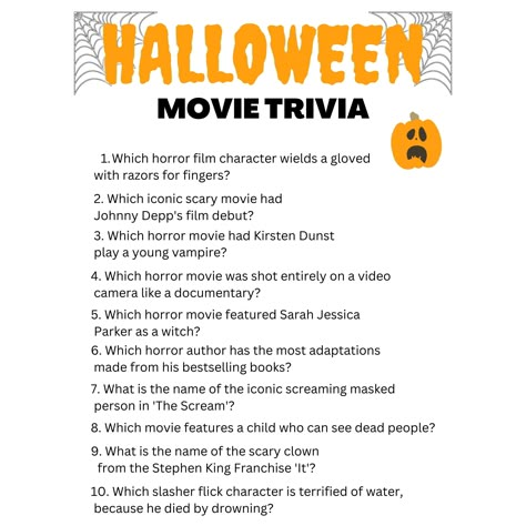 Need a quick Halloween Party Ice Breaker?  This Halloween Trivia Printable game is just right for you!  A fast 17 Halloween Trivia questionnaire to get the house, office or school party going.   What you will Receive Please note this is a digital download NO PHYSICAL PRODUCT WILL MAILED TO YOU YOU WILL RECEIVE ONE PDF FILE WITH 2 PRINTABLE HALLOWEEN Movie Trivia Sheets and Answer Key  THIS PDF FILE IS SET FOR 8.5X11in PRINTING PAPER **THIS SHOP DOES NOT GIVE REFUNDS** THANK YOU FOR SHOPING WITH  PRINTABLES BY HI KIKKO Horror Movie Trivia Questions, Halloween Party Inspo Games, Halloween Jepordy, Office Halloween Games, Adult Halloween Party Ideas Decoration, Halloween Movie Trivia, Halloween Family Party, Halloween Party Games For Adults, Adult Halloween Party Decorations