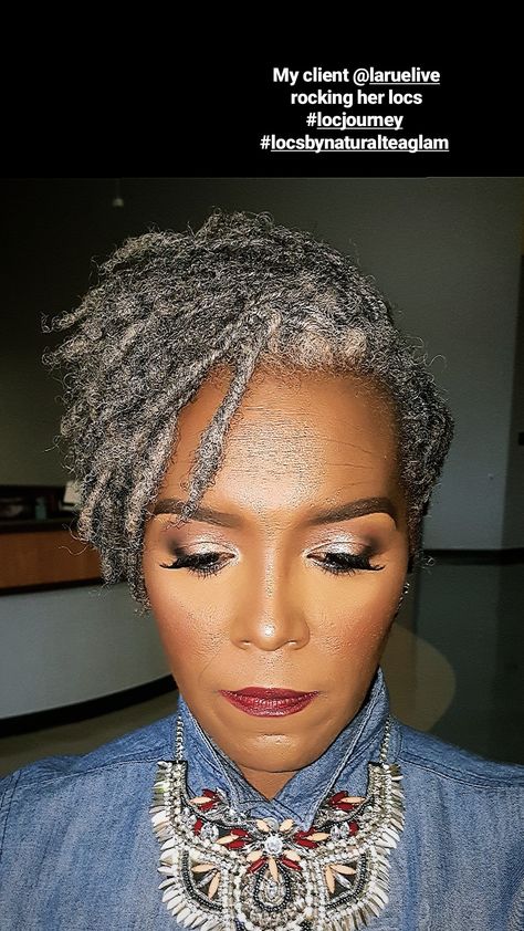 Natural Gray Hair Locs, Grey Locs Silver Black Women, Twists On Natural Grey Hair, Short Gray Natural Hairstyles, Silver Locs Black Women, Grey Microlocs, Silver Hair Ombre Brown, Gray Natural Hair Styles Black Women, Natural Hairstyles For Older Black Women