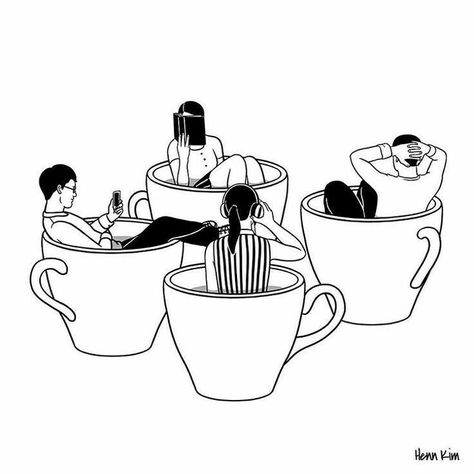 Henn Kim, Coffee Doodle, Coffee Drawing, Minimalist Drawing, Coffee Illustration, Arte Inspo, Coffee Design, Line Illustration, Line Art Drawings