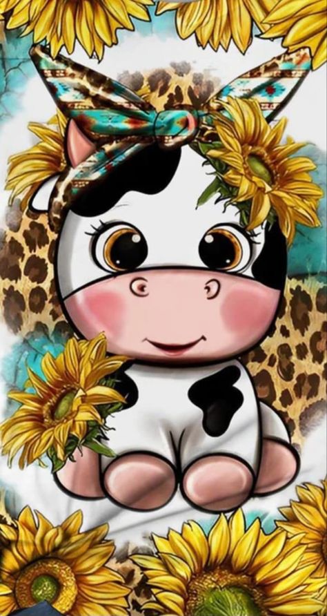 Cow With Sunflowers, Cute Cow Wallpaper Cartoon, Cow Print And Sunflower Wallpaper, Cow Tumbler Ideas, Cow Cartoon Images, Cow Wallpaper, Cow Print Wallpaper, Sublimacion Ideas, Cow Clipart