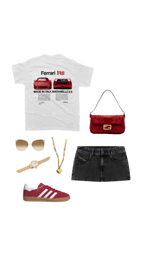 #outfitinspo #outfits #ferrari #f40 #red #goldjewelry #fitinspo #fitcheck Ferrari Outfit Aesthetic, Red Shirt Outfit Ideas, Red Outfits Aesthetic, Red Outfit Summer, F1 Outfit For Women, Red Summer Outfits, Ferrari Clothes, Ferrari Outfit, Red Outfit Aesthetic