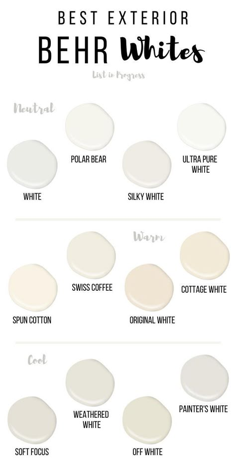 Want to paint your house? Here are 12 Behr white paint colors that look great on exteriors!  Plus, I found real house photo examples for most of these white paints.  Check out this post!  #whitepaint #behrpaint #behrwhitepaint #bestbehrwhitepaint #white52 Behr Warm White Paint Colors Wall, Behr 2022 Colors, Shades Of White Aesthetic, Behr White Clay Paint Colors, White Swatch Color, Smoky White Paint, Behr Paint Whole House Color Scheme, Behr Antique White Paint, Linen White Behr Paint