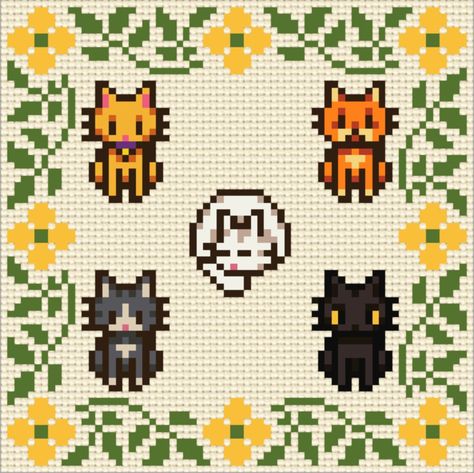 Adorable pattern of all 5 cats in the Stardew Valley game