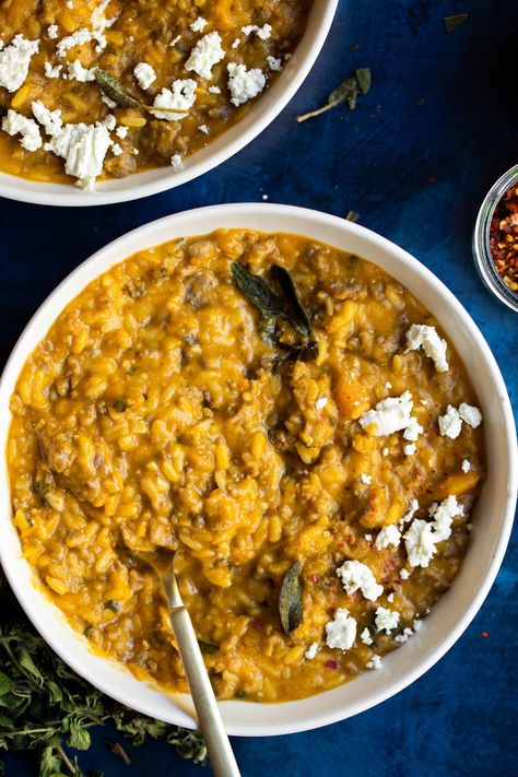 Acorn Squash Orzo, Creamy Butternut Squash Orzo, Orzo Squash Recipes, Butternut Squash Orzo, Butternut Squash Rice, Creamy Orzo, Cut Butternut Squash, Squash Pasta, Orzo Recipes