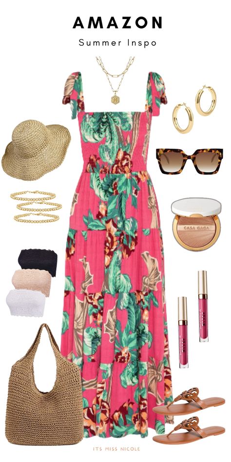 casual classy pink tropical summer maxi dress for an over 40 women with a collage of other stylish fashion trendy summer items for vacation Dresses To Wear To The Beach, Dresses For Island Vacation, Tropical Vacation Dresses, Laua Outfits For Women, Luau Dress Ideas Outfits, Summer Dresses For Women Over 40, Hawaii Dress Outfit Ideas, Cruise Outfits For Women Summer, Luau Outfit Ideas