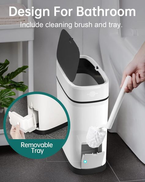 Amazon.com: WOA WOA 3.7 Gallons Bathroom Trash Can with Toilet Brush Holder | 14 Liter White Plastic Garbage Can with Black Locking Press Top Lid | Dogproof Slim Rectangular Trash Bin for Toilet : Home & Kitchen Small Bathroom Trash Can Ideas, Bathroom Trash Can Ideas, Bathroom Bins, Trash Can Bathroom, Garbage Can Storage, Bathroom Waste Basket, Cleaning Supply Storage, Apt Decor, Black White Bathrooms