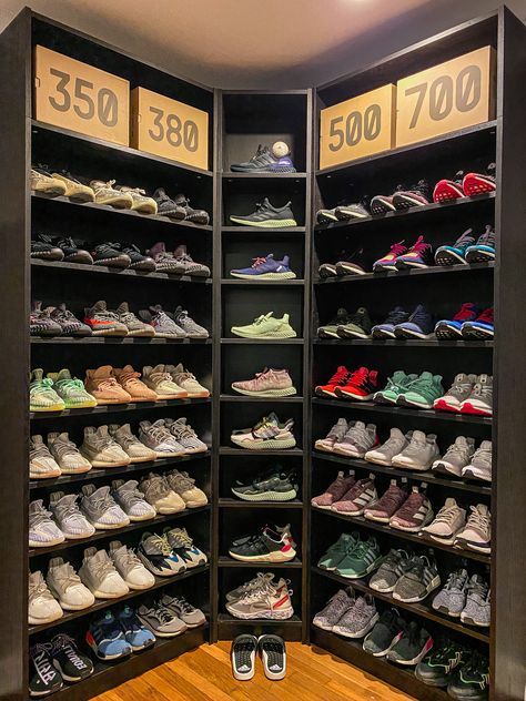 Sneaker Rack, Yeezy Collection, Billy Ikea, Sneaker Closet, Shoe Store Design, Sneaker Storage, Shoe Room, Video Game Rooms, Ikea Billy