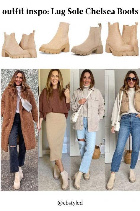 Cute trendy Chelsea boots outfits make for the perfect women's fashion outfits. If you love trendy fashion then check out these great lug sole chunky Chelsea boot outfit ideas. Styling Beige Chunky Boots, Morning Breakfast Date Outfits, Boots For Spring Outfits, Beige Boots Outfit Women, Mia Chelsea Boots Outfit, Cream Boots For Women, Free People Essential Chelsea Boot Outfit, Fall Boot Outfits 2023, Tan Lug Boots Outfit Fall