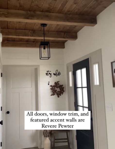 Revere Pewter Entryway, Revere Pewter Accent Wall, Revere Pewter Trim, Revere Pewter, Wood Accent Wall, Traditional Farmhouse, Farmhouse Interior, Window Trim, Cool House Designs