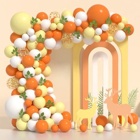 "💛PACKAGE:💛The little cutie balloons garland includes 113 pcs orange white yellow confetti balloons, including 5\" (orange balloons 10, white balloons 10, yellow balloons 10), 12\" (orange balloons 20, white balloons 20, yellow balloons 20, confetti balloons 5 ), 18\" (orange balloons 1, white balloons 1, yellow balloons 1), Artificial Leaves 15pcs. With glue point *100, balloons strip*1. It's sure to satisfy you to dress up a little cutie birthday party decorations. 💛HIGH QUALITY MATERIAL:💛 Yellow White Balloon Garland, Balloon Thanksgiving, Fall Balloons, White Balloon Garland, Yellow Confetti, Fruit Birthday Party, Fest Temaer, Fruit Birthday, Autumn Party