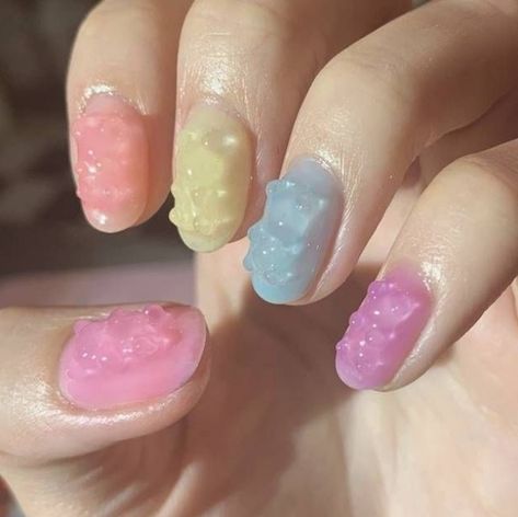 Gummy Bear Nails, Nail Art Pastel, Bear Nails, Bridesmaids Nails, Pastel Nails Designs, Bears Nails, Retro Nails, Short Gel Nails, Cherry Nails