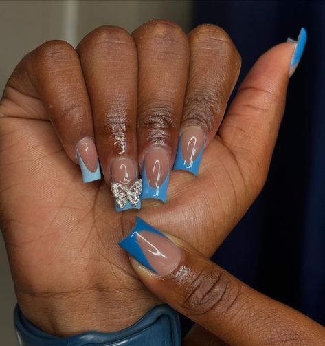 blue ombre 😍💙 - - if you’re seeing this dm @nails.bydaya_ to book an appt 🤍 - - - - - - - - - - - - #bluenails #blueombre #blueombrenails #butterflycharms #bluefrenchie #bluefrenchtips #bluenaildesign #denimblue #denimbluenails #shortnails #fyp #gelxnails #gelxnailtech #bptnailtech #ctnailtech #ctnails #bptnails #bridgeportnails #bridgeportct #bridgeportnailtech #bridgeportctnailtech #bridgeportctnails #beginner #notaprofessional #justforfun #nailart #naildesigns #nailinspo #nails.bydaya_ ... French Tip Blue Nails Short, Blue Tip Nails French Manicures, Blue Nail Designs Short, Light Blue Nail Art, Nails Blue French Tip, Blue Frenchie, Blue Ombre Nails, Blue French Tips, Light Blue Nails