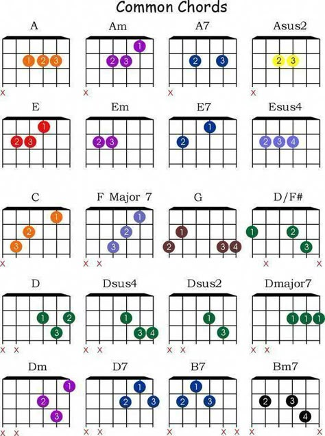 Basic Guitar Chords Chart, Akordy Na Ukulele, Guitar Chords And Scales, Easy Guitar Chords, Acoustic Guitar Chords, Guitar Cord, Learn Guitar Chords, Basic Guitar Lessons, Music Theory Guitar