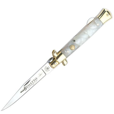 Fine Stiletto Folding Knife - Mother of Pearl & Brass Stiletto Knife, Switchblade Knife, Tactical Pocket Knife, Engraved Pocket Knives, Butterfly Knife, Pearl Inlay, Knife Collection, Folding Pocket Knife, Cool Knives