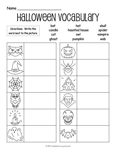 Grade schoolers will enjoy filling out this Halloween vocabulary worksheet that asks them to label 12 spooky images. Free for you to print for classroom or home use. Free Halloween Learning Printables, October Worksheets For 2nd Grade, Halloween Writing First Grade, Halloween Words Printables, Halloween Classroom Activities 1st Grade, Esl Halloween Worksheets, Halloween Words List, This Or That Halloween, Halloween English Worksheets