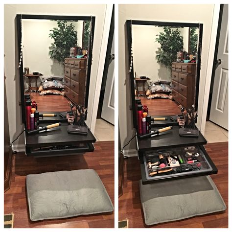 Floor vanity. I do my hair and makeup seated on the floor everyday. This is a simple Elfa system from the container store that I used to create a vanity. Vanity Redo, Floor Vanity, Makeup Corner, Vanity Space, Diy Makeup Vanity, Makeup Area, Makeup Organization Diy, Makeup Station, Makeup Organization Vanity