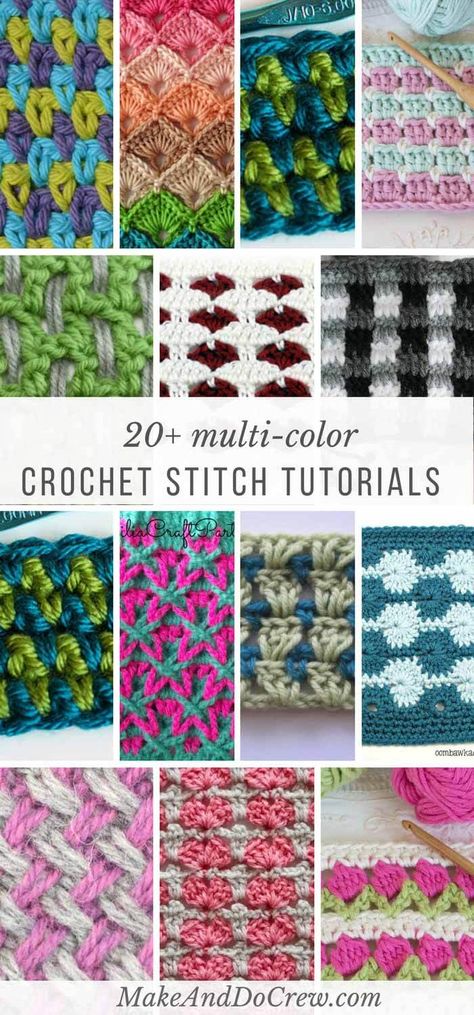 Multi-color crochet stitches list: Each of these stitch tutorials is made using multiple colors of yarn to create stunning effects! Crochet Stitches List, Crochet Stitch Patterns, Confection Au Crochet, Stitch Crochet, Crochet Afghans, Crochet Diy, Modern Crochet, Crochet Stitches Tutorial, Crochet Instructions