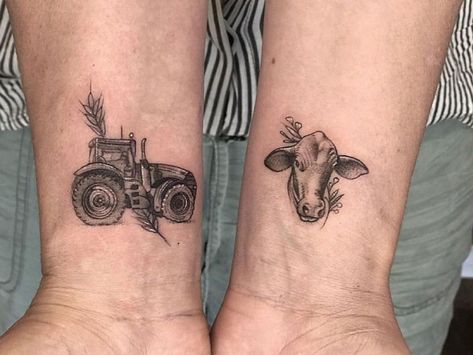 Tattoo Ideas For Men Farmer, Full Sleeve Tattoos Women Country, Fine Line Tractor Tattoo, Farm Life Tattoo Ideas, Cow Family Tattoo, Country Life Tattoos, Farm Scene Tattoo, Farm Inspired Tattoo, Matching Cow Tattoos For Best Friends