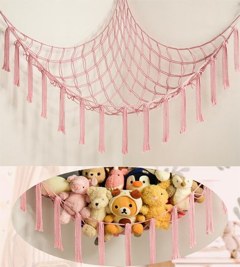 PRICES MAY VARY. 100% Cotton Space Saving & Durable to Use - Measuring 51"*51"*65", this stuffed animal holder is large to hold a crowd of stuffed animals to save more floor space. Made from premium cotton, our macrame toy hammocks are soft, eco-friendly, and super durable for use. Practical yet Pretty Cute - Unlike the plain toy net, this handmade toy hammock net for stuffed animals not only keeps the plushies organized well, but also looks super cute as a beautiful room decor piece with a bohe Plushie Holder, Stuffy Storage Organization Ideas, Cute Stuff Animal, Net For Stuffed Animals, Storage Hammock, Pink Baby Nursery, Stuffed Animal Holder, Magical Nursery, Stuffed Animal Hammock