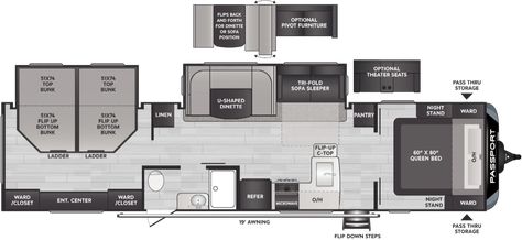 Passport GT Premium Travel Trailers - Model 3401QD Floorplan - Keystone RV Trailer Floor Plans, Skylight Bathroom, Keystone Passport, Travel Trailer Floor Plans, Top Sofas, Bottom Bunk, Rv Types, Outside Storage, Electric Awning