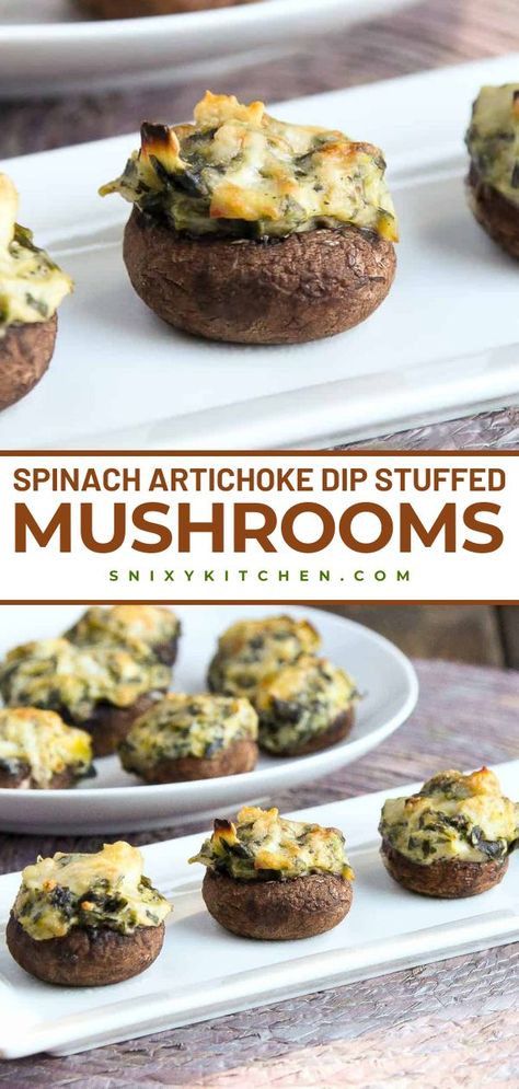 This Spinach Artichoke Dip Stuffed Mushrooms is a crowd-pleasing appetizer recipe that starts with baked mushrooms filled with creamy artichoke and spinach. It makes a great football party food or the best Gameday food idea! Easy Superbowl Appetizers, Artichoke Dip Stuffed Mushrooms, Vegetarian Snacks Easy, Artichoke And Spinach, Gameday Recipes, Gameday Food, Vegetarian Party Food, Veggie Side Dish Recipes, Baked Mushrooms