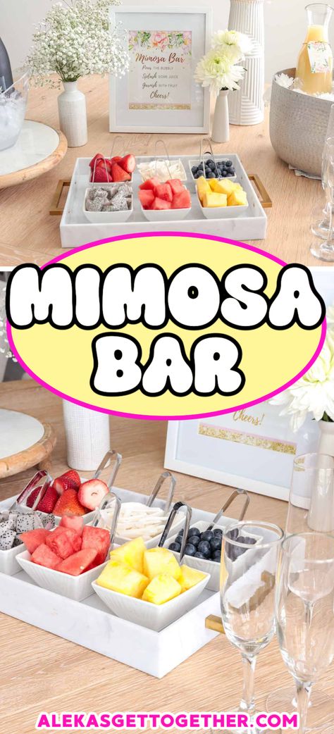 Here you can learn all of my tips and tricks for setting up a DIY Mimosa Bar right in your own home! It's simple, charming, and perfect for all of your spring and summer entertaining. From birthdays, bridal showers, brunch and more, guests will love helping themselves to your elegant set-up. Easy Mimosa Bar, Mimosa Gift Basket, Easy Mimosa, Diy Mimosa Bar, Diy Mimosa, Breakfast Drinks, Fruit Garnish, Homemade Cocktails, Brunch Drinks