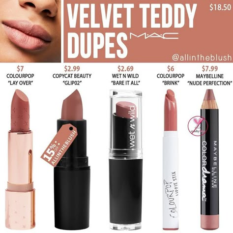 All in the Blush on Instagram: “🐻💖*Updated* @maccosmetics  VELVET TEDDY LIPSTICK DUPES!!💖🐻 Mac Velvet Teddy, Mac Blush, Lipstick Kit, Maybelline Makeup, Velvet Teddy, Blush On, It Cosmetics, Kiss Makeup, Drugstore Makeup